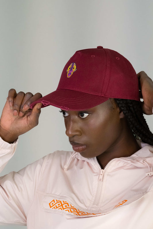 Urbeon women burgundy cap with adinkra colourful mask